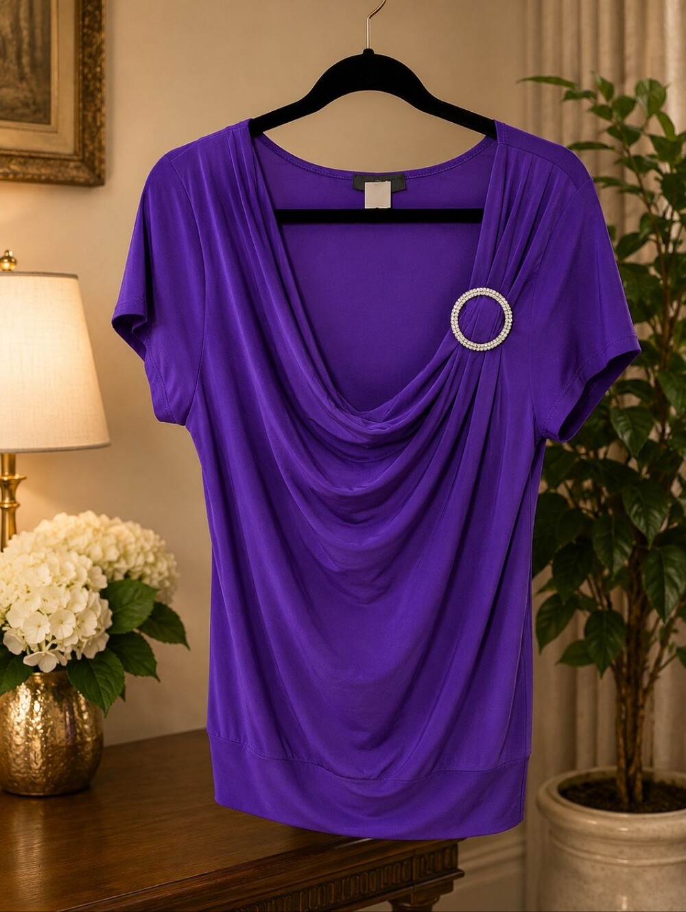 Dynamite Purple Draped Cowl Neck Top with Rhinestone Brooch